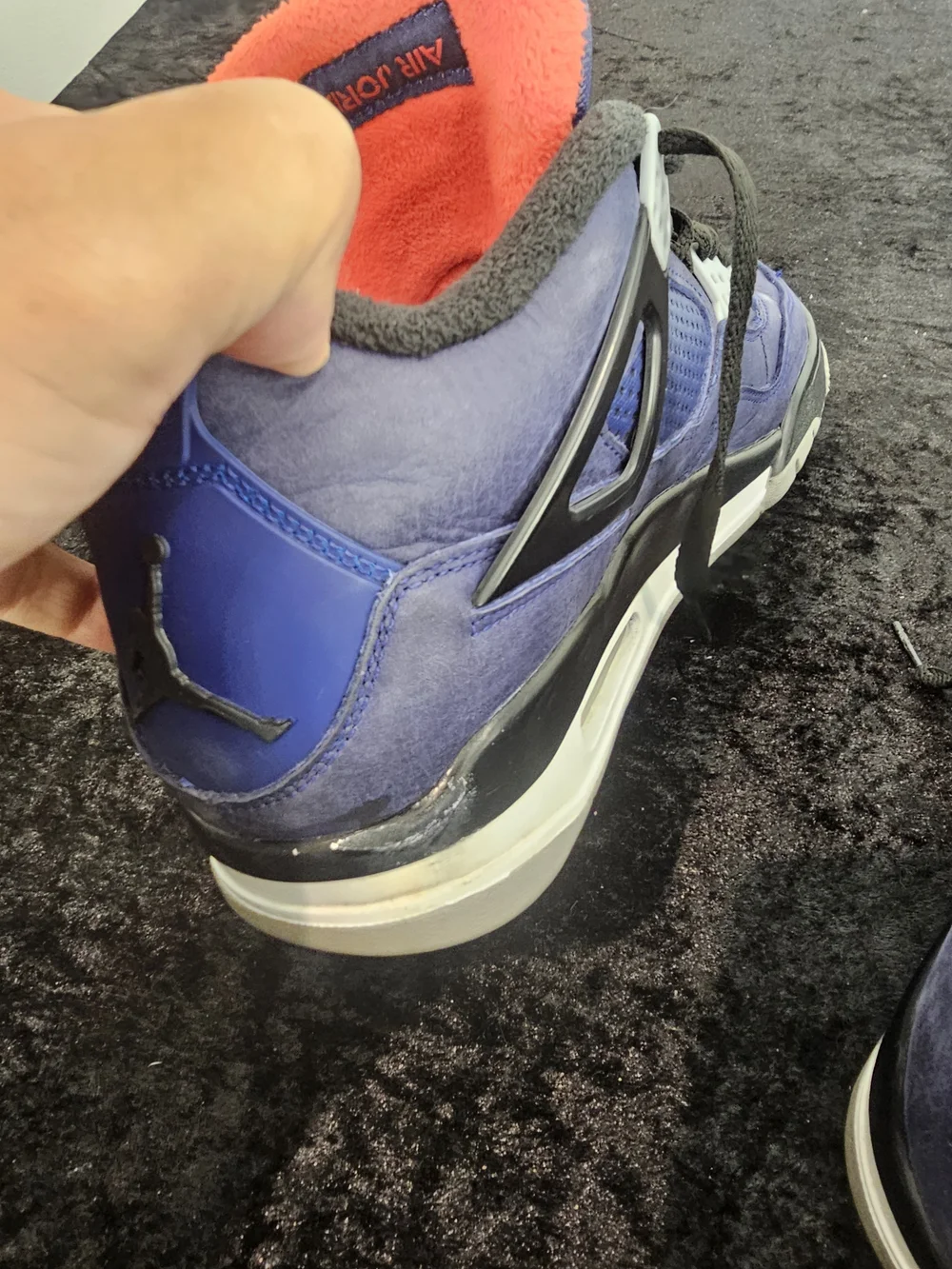 Jordan Men's Purple Suede Basketball Sneakers with Black Laces and Orange Trim - Picture 3 of 9